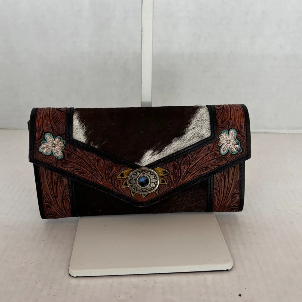 Tooled Leather Wallet Womens Brown Cowhide‎ Sunflower Western Concho New